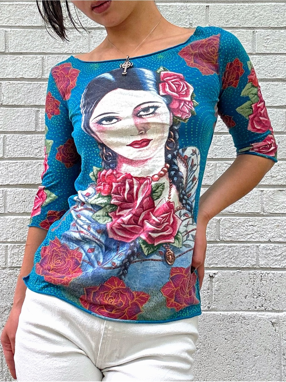 Lucky Tees Authentic Y2K Teal Chicana Art Print Top with Rose and Cross Graphic